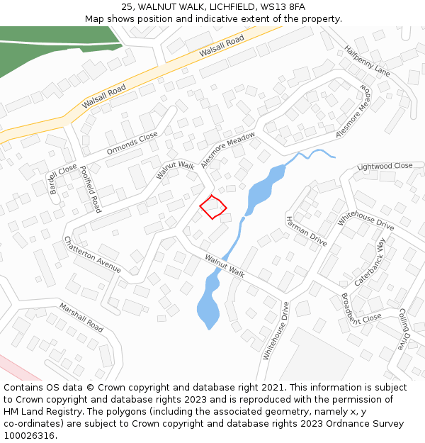 25, WALNUT WALK, LICHFIELD, WS13 8FA: Location map and indicative extent of plot