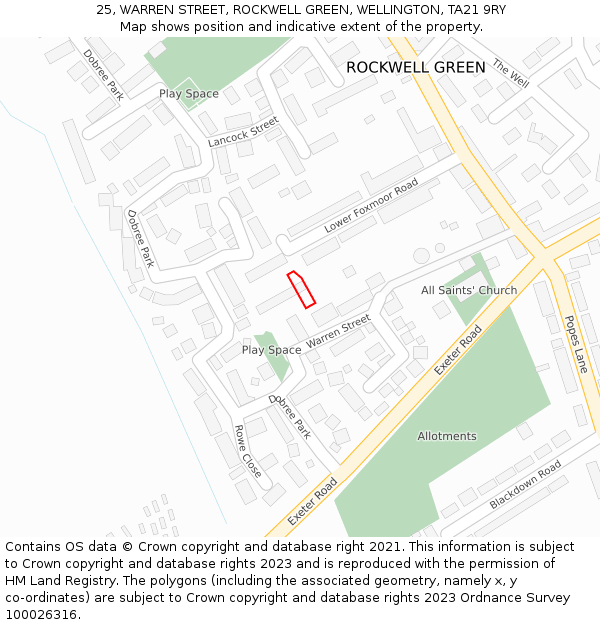 25, WARREN STREET, ROCKWELL GREEN, WELLINGTON, TA21 9RY: Location map and indicative extent of plot