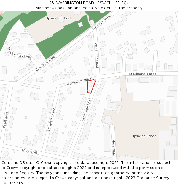 25, WARRINGTON ROAD, IPSWICH, IP1 3QU: Location map and indicative extent of plot