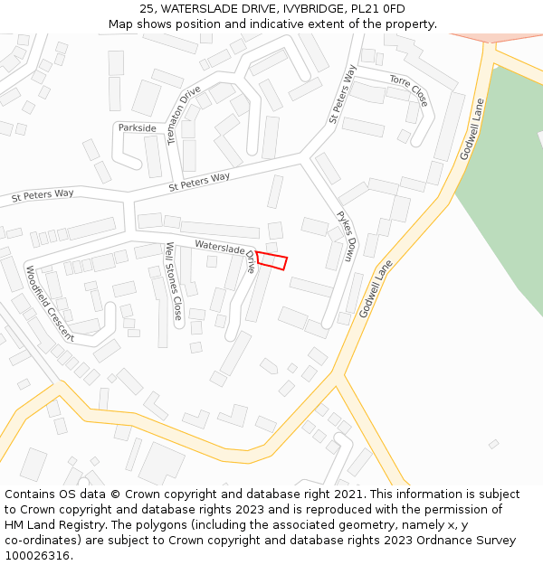 25, WATERSLADE DRIVE, IVYBRIDGE, PL21 0FD: Location map and indicative extent of plot