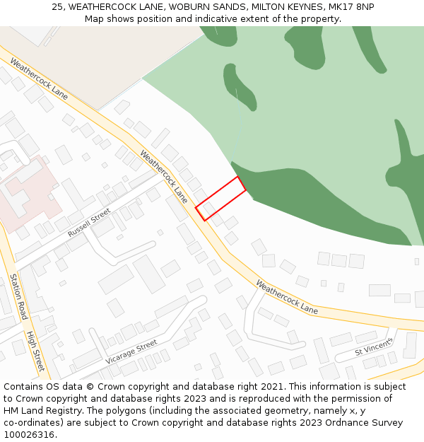 25, WEATHERCOCK LANE, WOBURN SANDS, MILTON KEYNES, MK17 8NP: Location map and indicative extent of plot