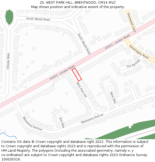 25, WEST PARK HILL, BRENTWOOD, CM14 4NZ: Location map and indicative extent of plot