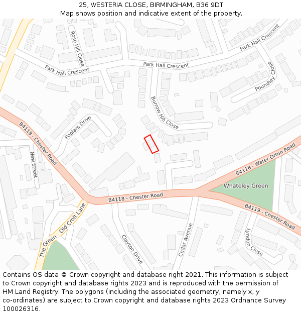 25, WESTERIA CLOSE, BIRMINGHAM, B36 9DT: Location map and indicative extent of plot