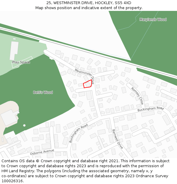 25, WESTMINSTER DRIVE, HOCKLEY, SS5 4XD: Location map and indicative extent of plot