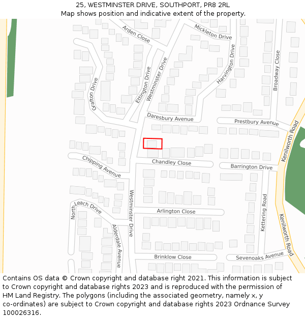 25, WESTMINSTER DRIVE, SOUTHPORT, PR8 2RL: Location map and indicative extent of plot