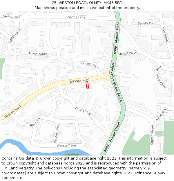 25, WESTON ROAD, OLNEY, MK46 5BD: Location map and indicative extent of plot