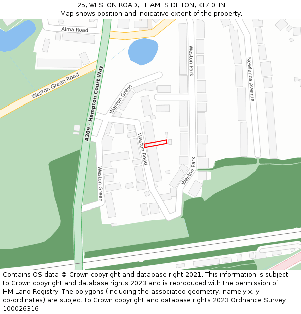 25, WESTON ROAD, THAMES DITTON, KT7 0HN: Location map and indicative extent of plot