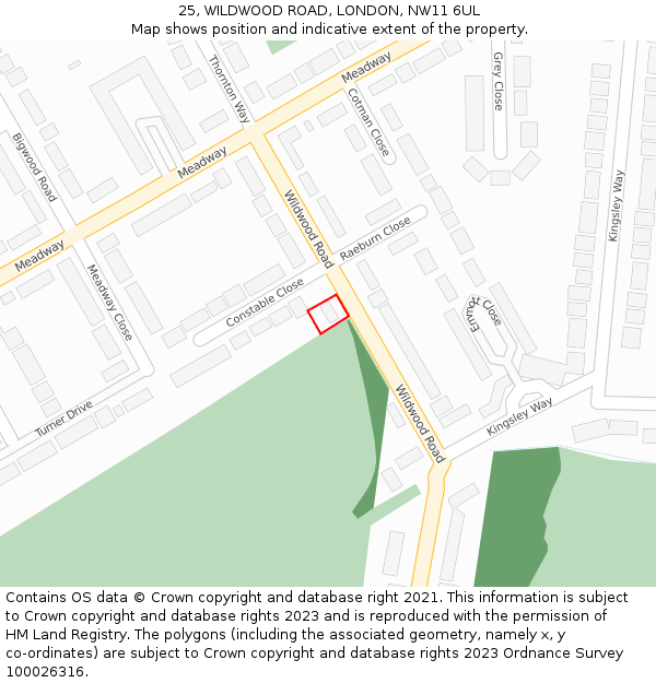 25, WILDWOOD ROAD, LONDON, NW11 6UL: Location map and indicative extent of plot