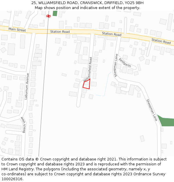 25, WILLIAMSFIELD ROAD, CRANSWICK, DRIFFIELD, YO25 9BH: Location map and indicative extent of plot