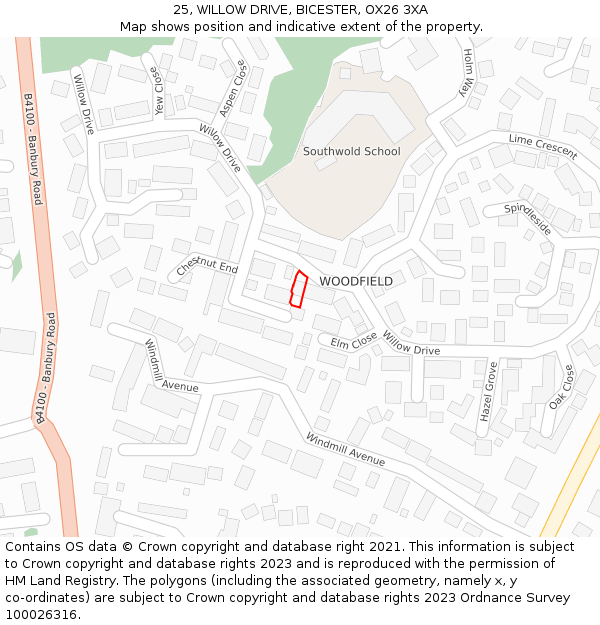 25, WILLOW DRIVE, BICESTER, OX26 3XA: Location map and indicative extent of plot