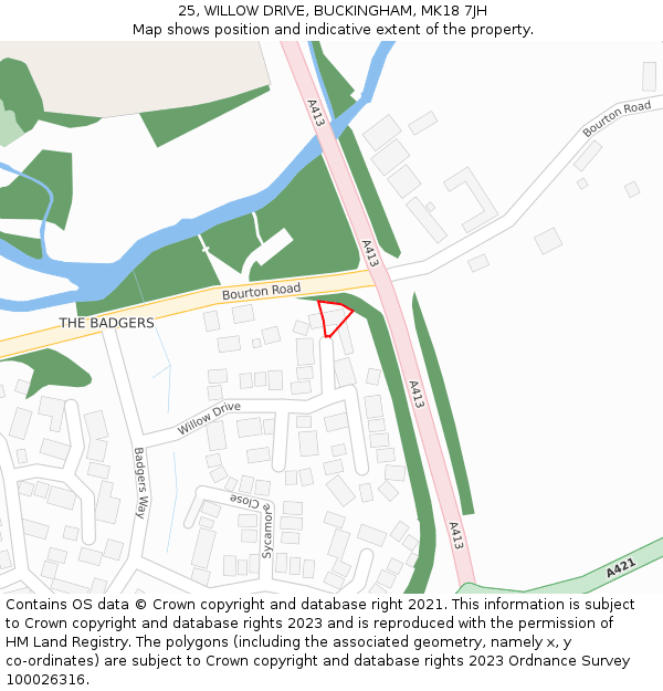 25, WILLOW DRIVE, BUCKINGHAM, MK18 7JH: Location map and indicative extent of plot