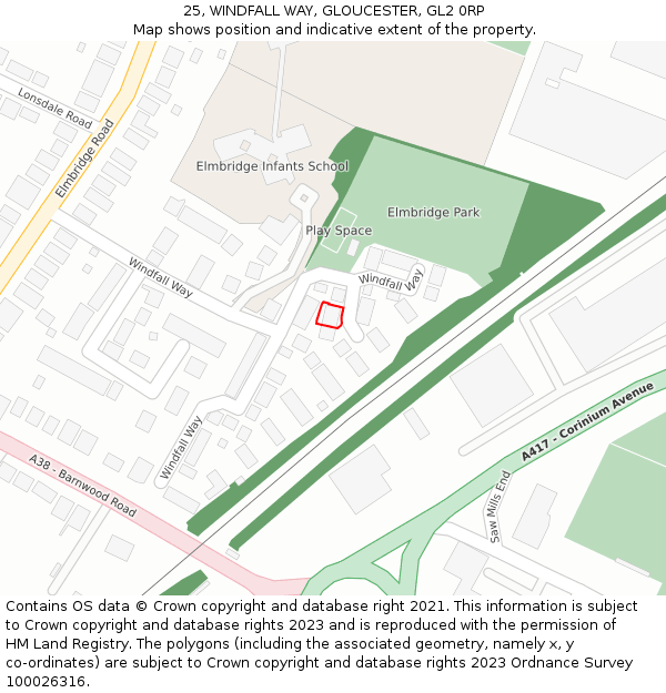 25, WINDFALL WAY, GLOUCESTER, GL2 0RP: Location map and indicative extent of plot