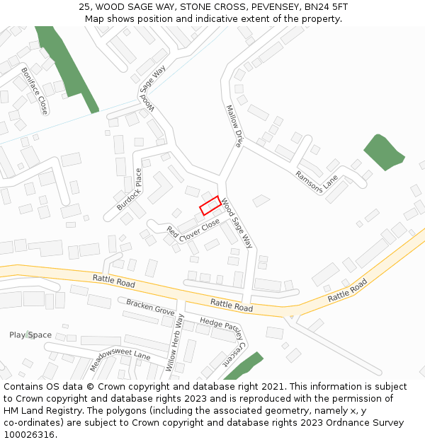 25, WOOD SAGE WAY, STONE CROSS, PEVENSEY, BN24 5FT: Location map and indicative extent of plot