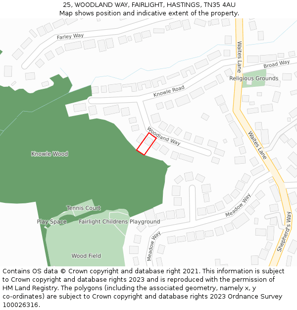 25, WOODLAND WAY, FAIRLIGHT, HASTINGS, TN35 4AU: Location map and indicative extent of plot