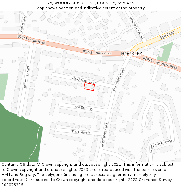 25, WOODLANDS CLOSE, HOCKLEY, SS5 4PN: Location map and indicative extent of plot