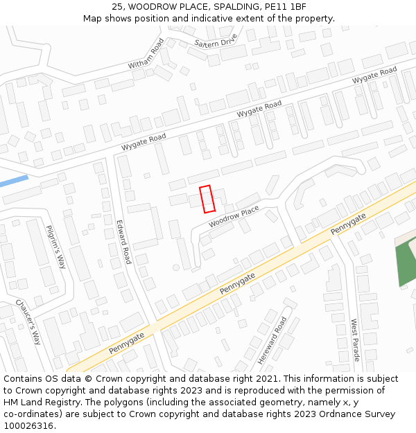 25, WOODROW PLACE, SPALDING, PE11 1BF: Location map and indicative extent of plot