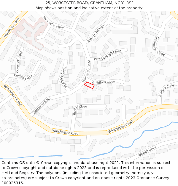 25, WORCESTER ROAD, GRANTHAM, NG31 8SF: Location map and indicative extent of plot