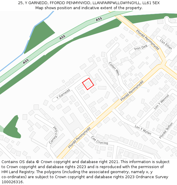 25, Y GARNEDD, FFORDD PENMYNYDD, LLANFAIRPWLLGWYNGYLL, LL61 5EX: Location map and indicative extent of plot