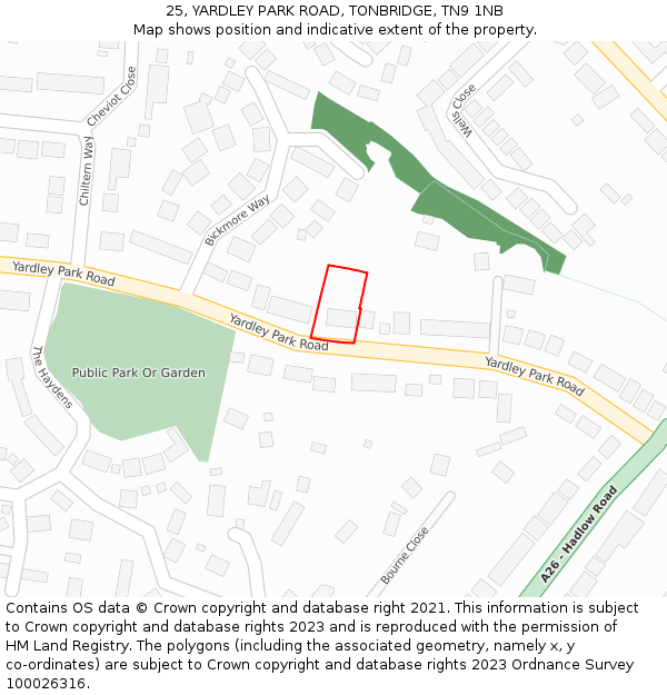 25, YARDLEY PARK ROAD, TONBRIDGE, TN9 1NB: Location map and indicative extent of plot