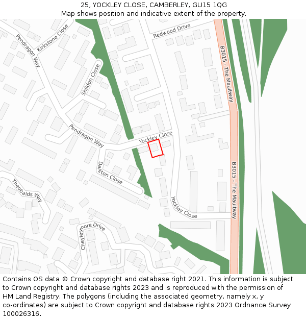 25, YOCKLEY CLOSE, CAMBERLEY, GU15 1QG: Location map and indicative extent of plot