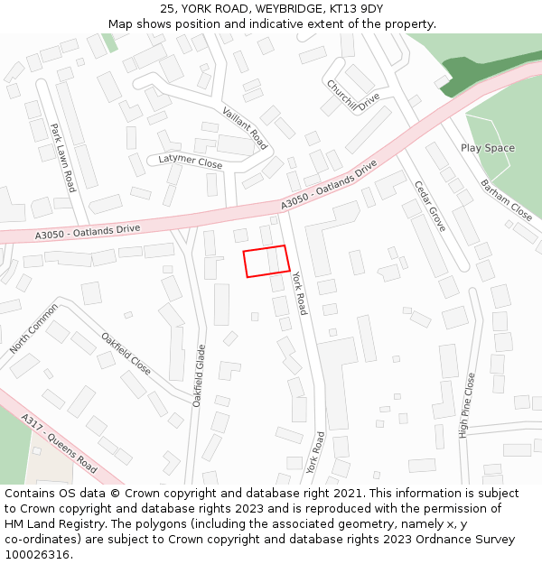 25, YORK ROAD, WEYBRIDGE, KT13 9DY: Location map and indicative extent of plot