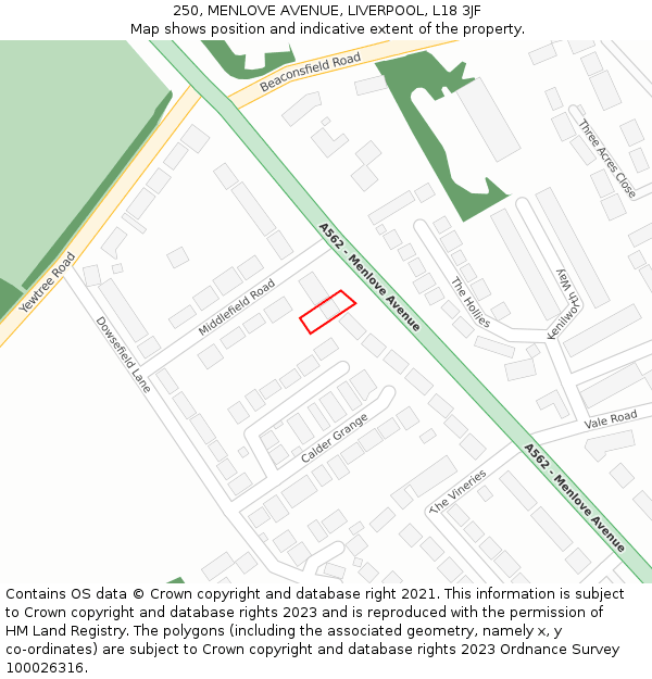 250, MENLOVE AVENUE, LIVERPOOL, L18 3JF: Location map and indicative extent of plot