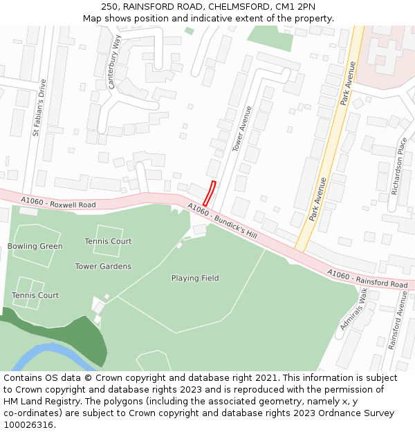 250, RAINSFORD ROAD, CHELMSFORD, CM1 2PN: Location map and indicative extent of plot