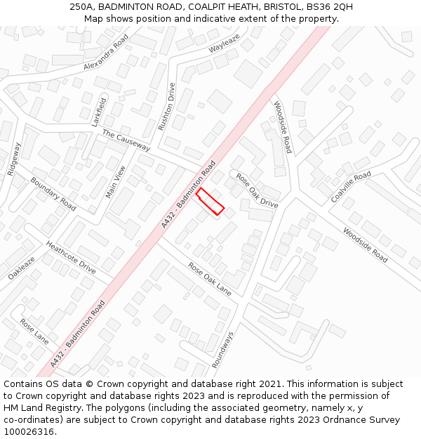 250A, BADMINTON ROAD, COALPIT HEATH, BRISTOL, BS36 2QH: Location map and indicative extent of plot