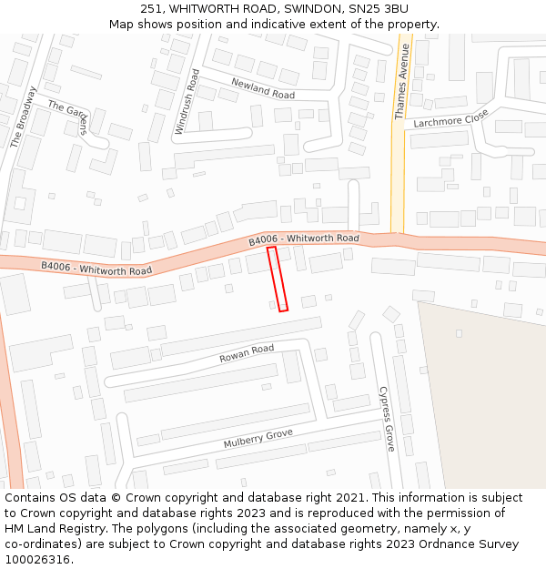 251, WHITWORTH ROAD, SWINDON, SN25 3BU: Location map and indicative extent of plot