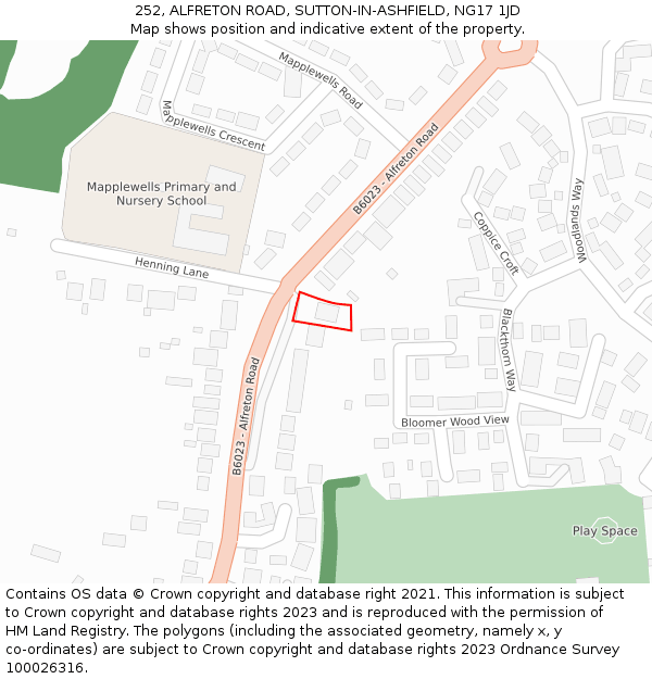 252, ALFRETON ROAD, SUTTON-IN-ASHFIELD, NG17 1JD: Location map and indicative extent of plot