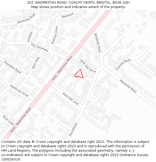 252, BADMINTON ROAD, COALPIT HEATH, BRISTOL, BS36 2QH: Location map and indicative extent of plot