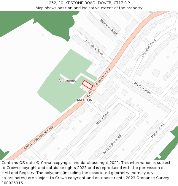 252, FOLKESTONE ROAD, DOVER, CT17 9JP: Location map and indicative extent of plot