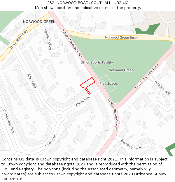 252, NORWOOD ROAD, SOUTHALL, UB2 4JQ: Location map and indicative extent of plot