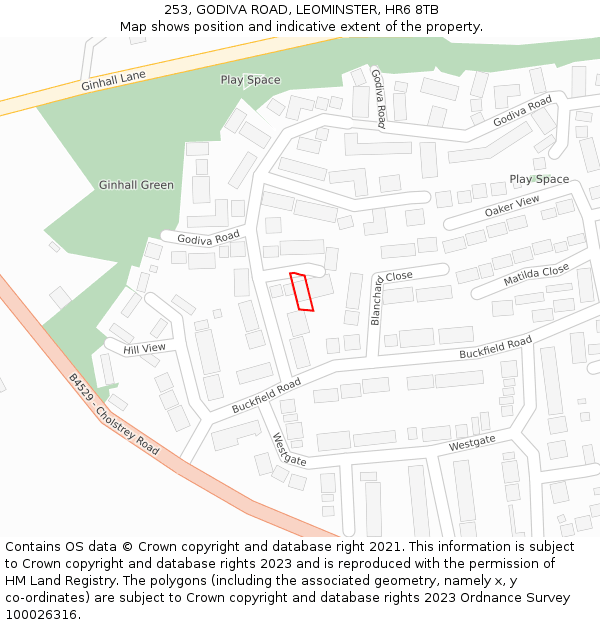 253, GODIVA ROAD, LEOMINSTER, HR6 8TB: Location map and indicative extent of plot