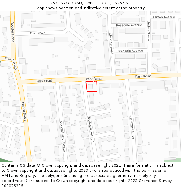 253, PARK ROAD, HARTLEPOOL, TS26 9NH: Location map and indicative extent of plot