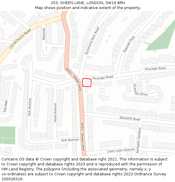 253, SHEEN LANE, LONDON, SW14 8RN: Location map and indicative extent of plot