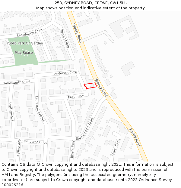 253, SYDNEY ROAD, CREWE, CW1 5LU: Location map and indicative extent of plot