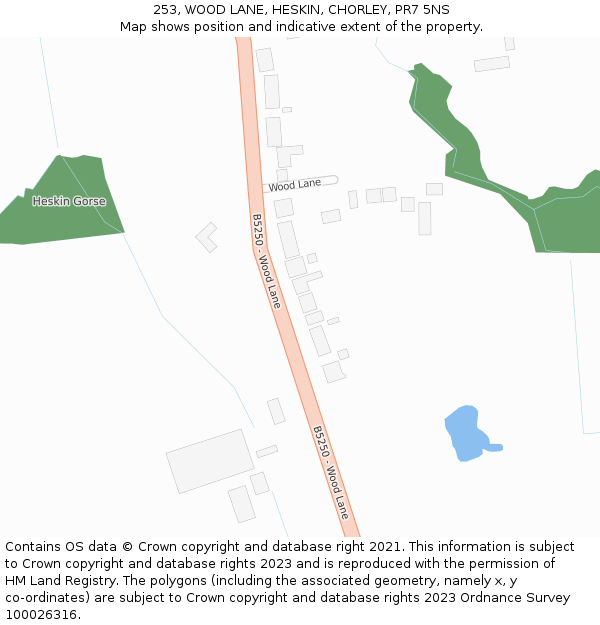 253, WOOD LANE, HESKIN, CHORLEY, PR7 5NS: Location map and indicative extent of plot