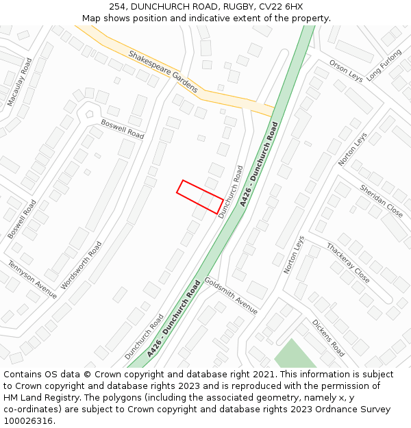 254, DUNCHURCH ROAD, RUGBY, CV22 6HX: Location map and indicative extent of plot