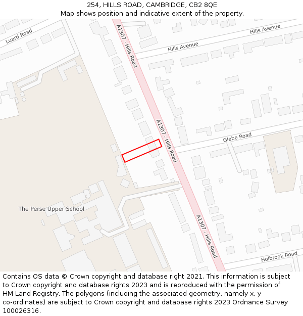 254, HILLS ROAD, CAMBRIDGE, CB2 8QE: Location map and indicative extent of plot