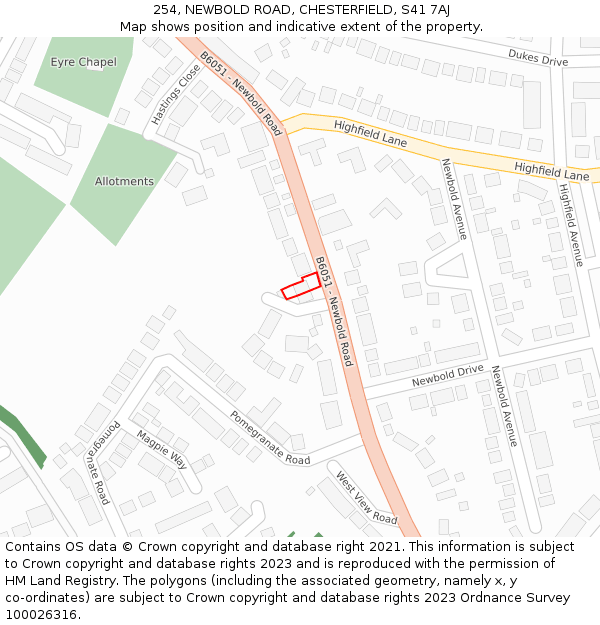 254, NEWBOLD ROAD, CHESTERFIELD, S41 7AJ: Location map and indicative extent of plot