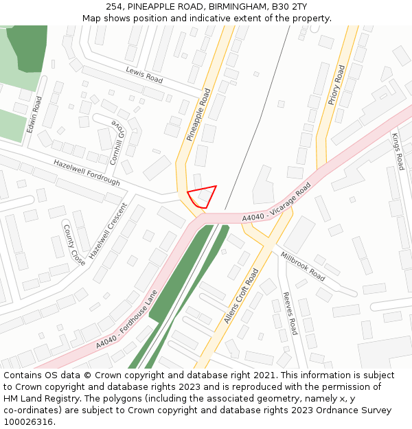 254, PINEAPPLE ROAD, BIRMINGHAM, B30 2TY: Location map and indicative extent of plot