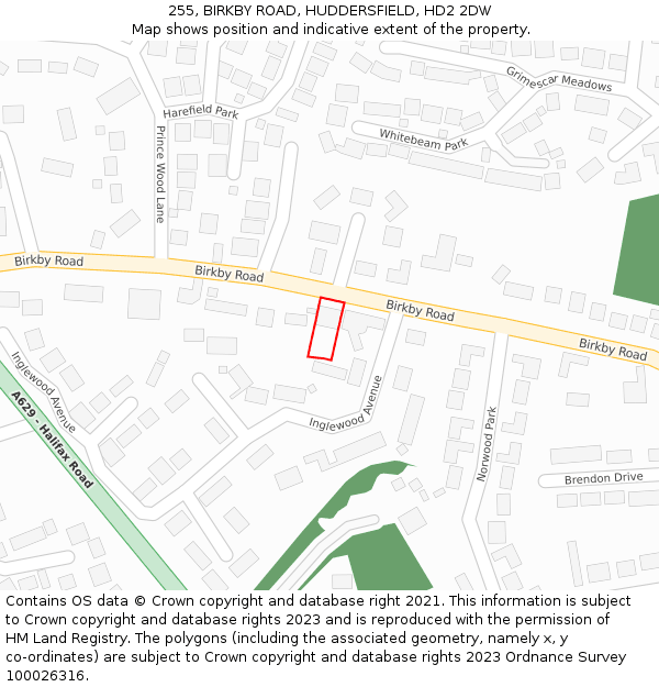 255, BIRKBY ROAD, HUDDERSFIELD, HD2 2DW: Location map and indicative extent of plot