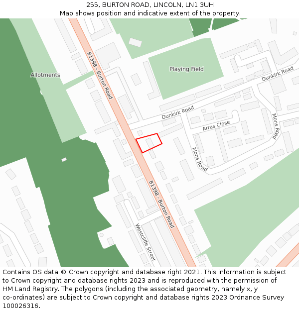 255, BURTON ROAD, LINCOLN, LN1 3UH: Location map and indicative extent of plot