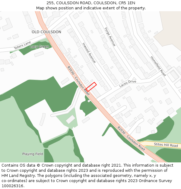 255, COULSDON ROAD, COULSDON, CR5 1EN: Location map and indicative extent of plot