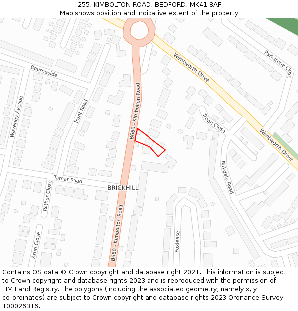 255, KIMBOLTON ROAD, BEDFORD, MK41 8AF: Location map and indicative extent of plot