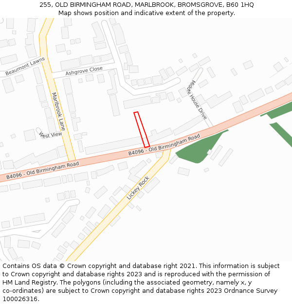 255, OLD BIRMINGHAM ROAD, MARLBROOK, BROMSGROVE, B60 1HQ: Location map and indicative extent of plot