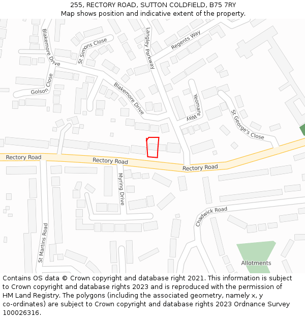 255, RECTORY ROAD, SUTTON COLDFIELD, B75 7RY: Location map and indicative extent of plot