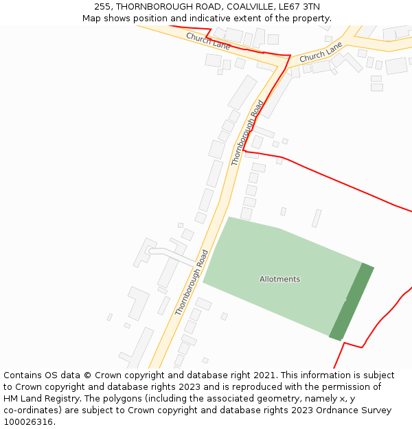 255, THORNBOROUGH ROAD, COALVILLE, LE67 3TN: Location map and indicative extent of plot