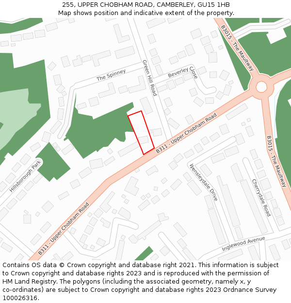 255, UPPER CHOBHAM ROAD, CAMBERLEY, GU15 1HB: Location map and indicative extent of plot